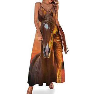 Golden Sunset Sundown Horse Lake dames zomer maxi-jurk V-hals mouwloze spaghettibandjes lange jurk
