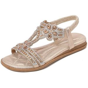 M&Catree Sandalen voor dames, platte sandalen met T-riem, Boheemse sandalen met strass voor zomer, strand, vakantie, outdoor, Goud, 42.5 EU