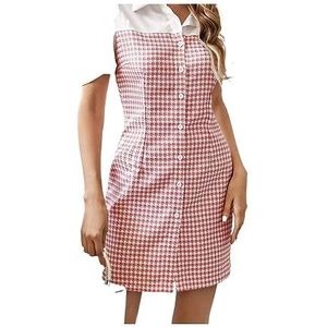 jurken voor dames Damesoverhemdjurk met gingham-print en pofmouwen (Color : Rosa, Size : Small)