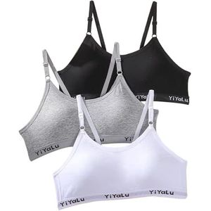SEFIRST 3 stuks sportbeha's voor meisjes, tieners, ondergoed met vaste gevoerde en verstelbare schouderriem, bustier voor meisjes, bralette, top, bustier voor kinderen van 10-14 jaar (zwart, wit,