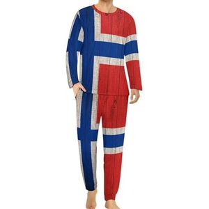 Noorse vlag op grunge houten comfortabele herenpyjama set ronde hals lange mouwen loungewear met zakken 2XL