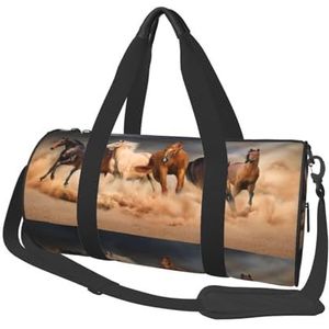 Galopperende bruine paarden in woestijn bedrukt, grote capaciteit reizen plunjezak ronde handtas sport reistas draagtas fitness tas, zoals afgebeeld, Eén maat