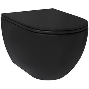 Alpenberger Zwarte WC-set zonder spoelrand | Hang-wand WC in mat zwart | Toiletpot wandhangend met WC-bril | Keramische toilet voor badkamer en gastentoilet | Made in Europe