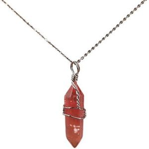 Handmade Jewelry: Wire Wrapped Natural White Turquoises Opal Stone Point Pendant Necklace with Silvery Chains for Women (Color : Watermelon Red)