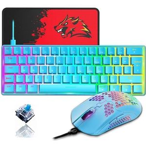 ZIYOU LANG T60 60% Compact Mechanisch Gaming Toetsenbord Muis Pc Set Blauwe Switch - 12000 DPI QWERTY UK Layout Mini 62 Toetsen, Afneembare USB Type C Kabel RGB Programmeermuis - Blauwe