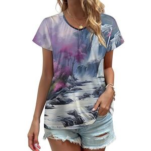 Tropische Jungle Waterval Schilderij Vrouwen V-hals T-shirts Leuke Grafische Korte Mouw Casual Tee Tops XL