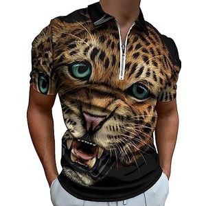 Growling luipaardkleur poloshirt voor mannen, casual T-shirts met ritssluiting en kraag, golftops, slim fit