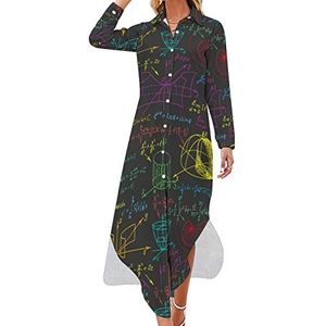 Math Science on The Black Krijtbord Maxi-jurk voor dames, lange mouwen, overhemd met knopen, casual party, lange jurken, 6XL