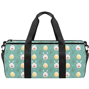 Leuke konijntje op ballonnen reizen duffle tas sport bagage met rugzak draagtas gymtas voor mannen en vrouwen, Schattige Cartoon Konijn & Ei Blauw, 45 x 23 x 23 cm / 17.7 x 9 x 9 inch