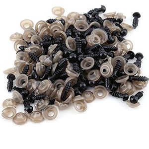 Pack van 100 stuks plastic pop-ogen, zwarte veiligheidsogen met 100 stuks ringen voor poppen, 6,9,10,12mm (12mm)
