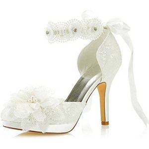 JIAJIA 3703L Vrouwen Bruids Schoenen Gesloten Teen 10cm Stiletto Hak Lace Satijn Platform Pompen Bloem Ribbon Tie Trouwschoenen Kleur Ivoor,Grootte 38 EU