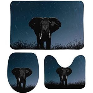 Zwart-witte olifant sterrenhemel badkamertapijten set 3 stuks antislip badmatten wasbare douchematten vloermat sets 39,9 cm x 59,9 cm