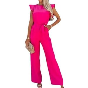 OHERUWKLS Dames Zomer Casual Effen Kleur Ronde Hals Ruffle Cap Mouw Brede Been Stropdas Jumpsuit,Roze,L