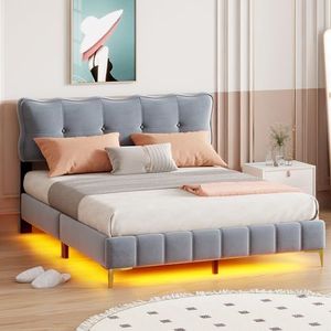 boorbin Gestoffeerd bed, tienerbed, tweepersoonsbed met LED-lampen met rugleuning en lattenbodem, fluwelen stof, hoge metalen poten, 160 x 200 cm (matras niet inbegrepen) (grijs)
