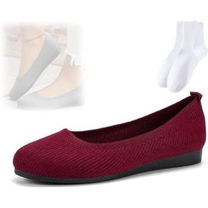 Comfortabele ademende slip-on boogondersteuning voor dames, antislip, vrijetijdsschoenen, mesh ronde neus platte schoenen voor vrouwen, platte schoenen voor feestwerk, Rood, 40 EU