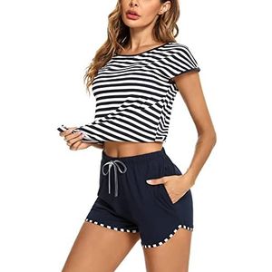 Womens Pyjama Sets Ronde Hals Zachte Loungewear Zomer Pjs Set Gestreept Katoen Korte Mouw Nachtkleding met Zakken Trekkoord, Donkerblauw, XXL