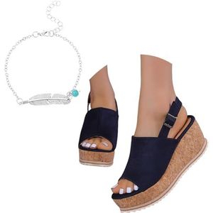 Orthopedische Sandalen Met Sleehak, Platform, Vismondsandalen, Open Teen, Slingback, Romeinse Sandalen, Zomerse Elegante Avondschoenen for Bruiloften/feesten(Blue,40 EU)