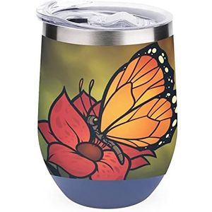 Monarch vlinder en bloem geïsoleerde beker met deksel leuke roestvrijstalen koffiemok duurzame theekop reizen mok blauwe stijl