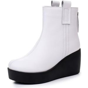 Women'S Genuine Leather Platform Wedges Ankle Boots Winter Fashion Round Toe Back Zip Vintage Snow Boots (Color : Beige, Size : 42 EU)