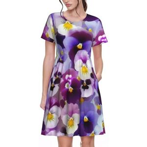 Zomerjurken voor dames, paarse bloem 3D-print - ronde hals casual T-shirt korte mouwen jurk losse swing strandjurk met zakken, 3 D, S