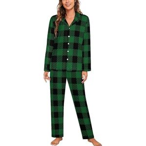 Groen Zwart Buffalo Plaid Vrouwen Lange Mouw Button Down Nachtkleding Zachte Nachtkleding Lounge Pyjama Set S