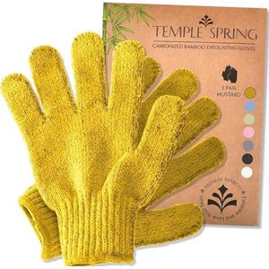 Exfoliërende washandschoenen, bamboe exfoliatorhandschoen, bad- / douchescrub, lichaamspeeling handhandschoen, schoonheidsscrubs/Loofah, dode huidverwijderaar natuurlijk- Mosterd