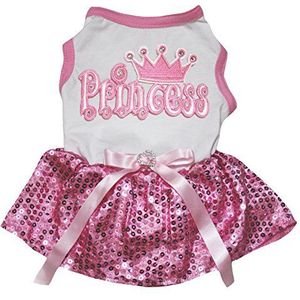 Petitebelle Hond Jurk Prinses Wit Katoen Shirt Roze Pailletten Tutu, X-Small, roze