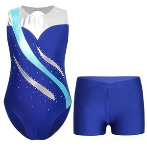 NUOYIXUAN Ritmisch turnpakje voor meisjes, performance-outfit, metallic patchwork, turnpakje van metallic patchwork, mouwloze skates bodysuit met shorts (blauw, 14)