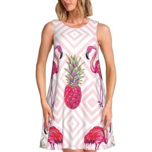 CKGODGF Roze flamingo ananas print charmante dames mouwloze knielange jurk met zakken voor feesten en vakanties, Zwart, S