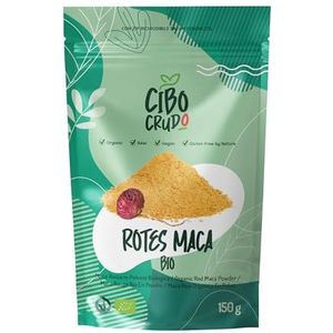 Biologisch Peruaans rood macapoeder - 150 g. 100% pure, rauwe Peruaanse maca uit de Andes, afkomstig van biologische macawortel. Bron van antioxidanten, vitamine C, ijzer, calcium, kalium en energie.
