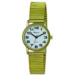 Ravel - dames gemakkelijk te lezen staal expander armband horloge met grote getallen (27mm) - goud tint/witte wijzerplaat