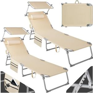 TecTake® Chloé Set van 2 ligstoelen, inklapbaar, 4 posities, kussens, hoofdsteun, waterafstotend, voor tuin, terras, balkon, zwembad en strand, beige