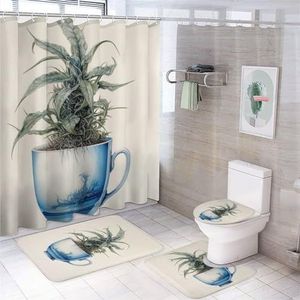 DEBAOKA Vintage sappige badkamer douchegordijn set blauwe eenvoudige vaas plant 4 stuks douchegordijnsets, toiletdeksel en badmat douchegordijnen voor badkamer met 12 haken