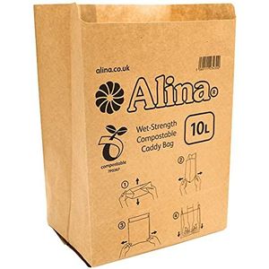 Alina 50 x 10L Composteerbare Papier Caddy Bin Bag/Voedsel Afval Bin Liner/Biologisch Afbreekbaar Bruin 10 Liter Papieren Zak (50 zakken)
