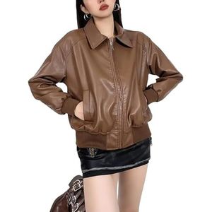 Klassieke bomberjack voor dames, bruin, echt leer, biker, motorjas, Bruin, M