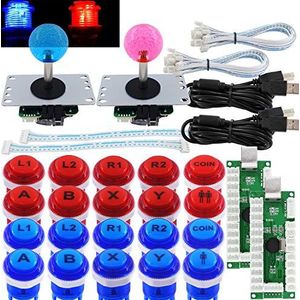 SJ@JX Arcade 2 Player Game Controller Stick DIY Kit LED Buttons with Logo MX Microswitch 8 Way Joystick USB Encoder Cable for PC MAME Raspberry Pi Red Blue