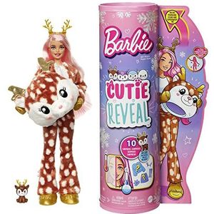 Barbie Cutie Reveal Schitterende Sneeuwvlok Poppen met zacht hertenpak en 10 verrassingen, inclusief minidierenvriendje en kleurverandering, cadeautje voor kinderen vanaf 3 jaar