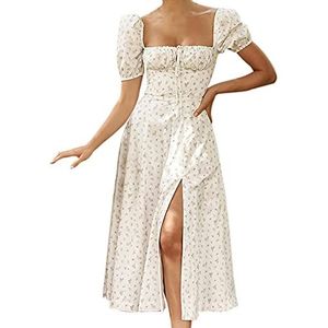 ERZU Elegante vintage jurk pofmouwen bloemen cottagecore off-shoulder midi-jurk met hoge split, een feestjurk, strandjurk, lange jurk, Wit, S
