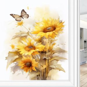 Kleurrijke zonnebloemen glas-in-loodfolie, abstracte bloemennatuur, vlinders, privacy-raamfolie, niet-klevende glasfolie, decoratieve statische hechtingsfolie voor thuiskantoor, 60 x 90 cm