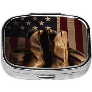Amerikaanse vlag met cowboylaarzen, vierkante pillendoos met 2 compartimenten, draagbare mini-pillenetui, metalen pillenorganizer, pillencontainer voor zaktas, kantoor, reizen