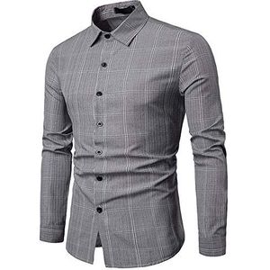 PRJN Heren Lange Mouw Jurk Shirts Heren Knopen Zakken Revers Bussiness Formele Shirts T-Shirt Heren Tops Jurk Shirts Heren Slim Fit Knop Plaid Shirt met Zak Lange Mouw Tops Blouse Shirt, D-grijs, M