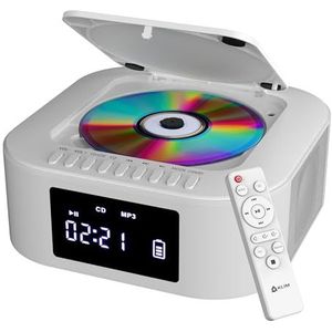 KLIM Boombox E1 + Draagbare CD-radio + Extra BASS met subwoofer + FM-radio, CD, Bluetooth, USB, Bluetooth, MP3 + Bekabelde en draadloze modus met oplaadbare batterijen + Afstandsbediening - Wit