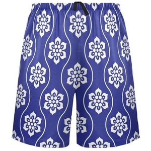LI ZHI XIN Herenpyjamabroek, korte pyjamabroek, zomer casual shorts, elastische taille met trekkoord, rechte buis losse pasvorm met 2 zakken, S-XXL blauw bloempatroon, Meerkleurig, S