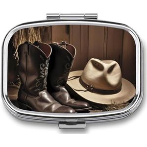 Cowboy zwarte hoed westernlaarzen pillenetui met 2 compartimenten, pillenorganizer, draagbare vierkante pillendoos, vitaminepillenorganizer voor zakportemonnee en reizen