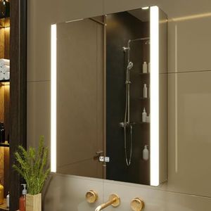 KWW Led-verlichte badkamerkast met spiegel, kleurtemperatuur instelbaar, anti-condens, dimbare lampen, stopcontacten voor USB (55 x 70 cm)