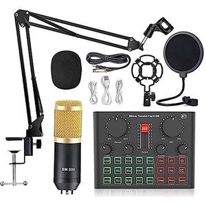 Complete podcastkit, BM800 Microfoon Professionele Condensator Draadloze MIC Geluidskaart Met Ring Invullicht Cantilever Beugel Live Streaming(Gold BM800 D6)