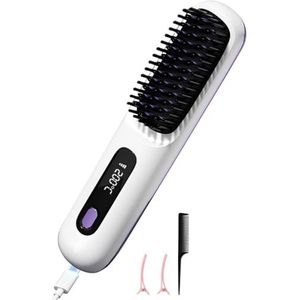 Draadloze stijltangen, heteluchtborstel, negatieve ionen, hete kam uit de jaren 20, snelle verwarming, keramisch en anti-verbrandingsontwerp voor alle haartypen, USB-oplaadbaar (wit)