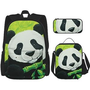 panda beer rugzak set 3-in-1 kinderen schooltas voor tienermeisjes dames laptop rugzak met lunchtas etui, Zwart, Eén maat