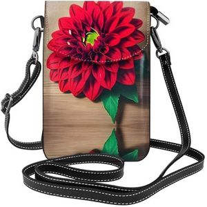 Houten plank retro bloem rood dahlia stijlvolle lederen crossbody flip case, vrouwen ruime telefoon tas, mobiele telefoonhoes tas
