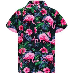 King Kameha Funky Hawaiiaans shirt heren korte mouwen Funky Flamingo's, Flamingoflowers-blackpink, XS
